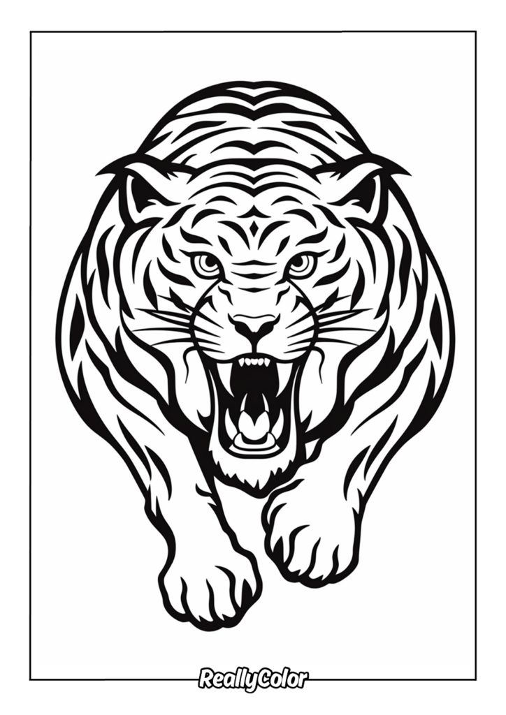 Black-and-white roaring tiger illustration on white background