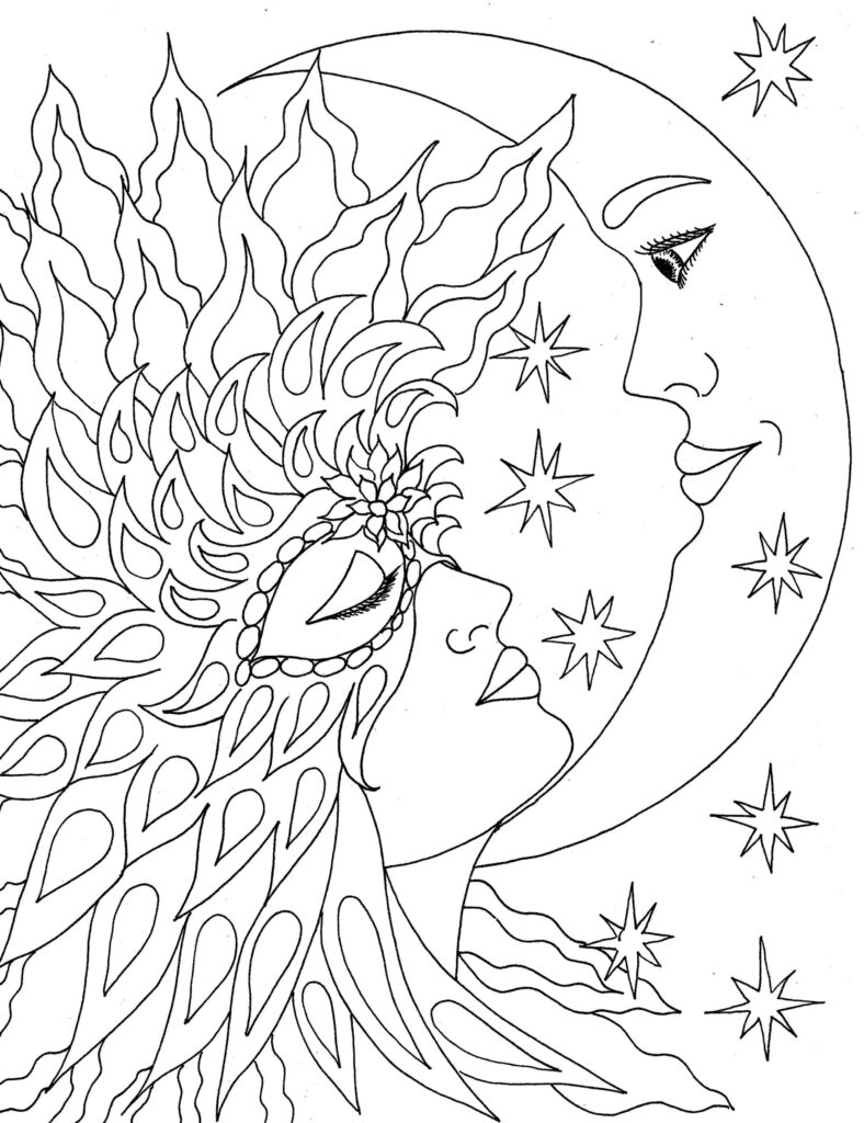 Black-and-white line drawing of a moon face with hair