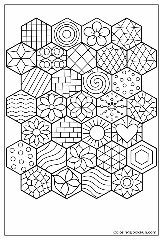 Black-and-white hexagon coloring page with patterns