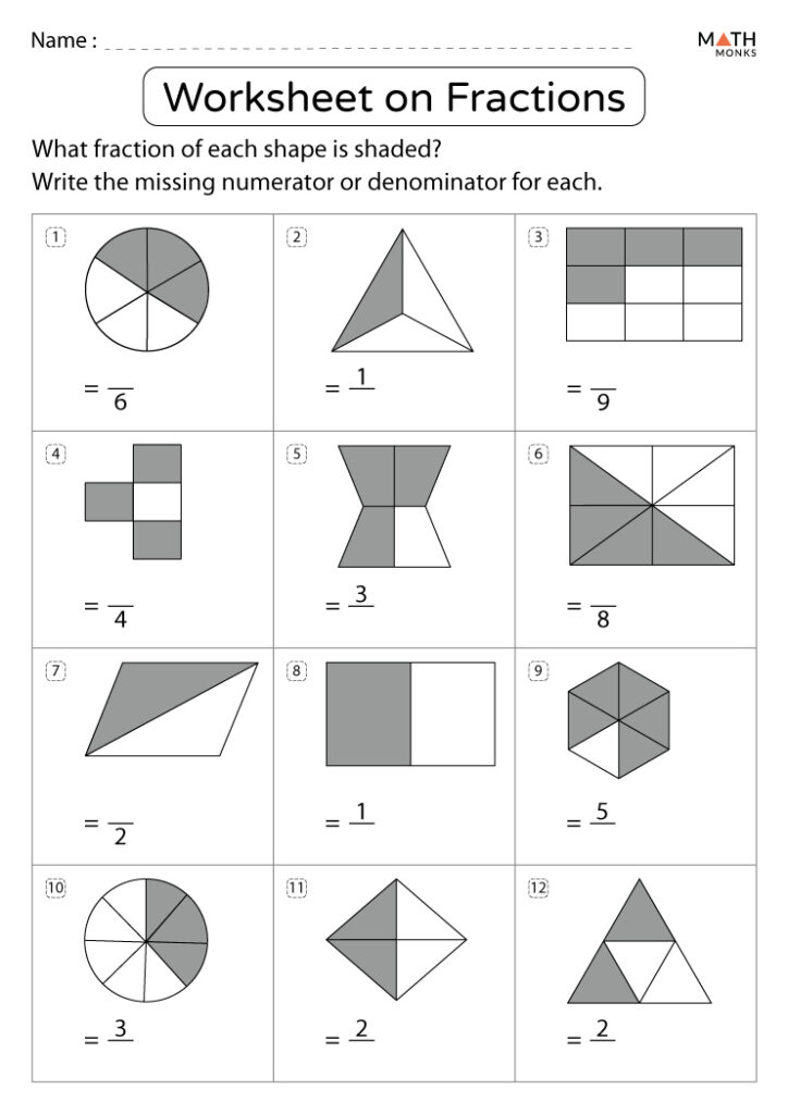 Fractions worksheet with twelve shaded shape problems
