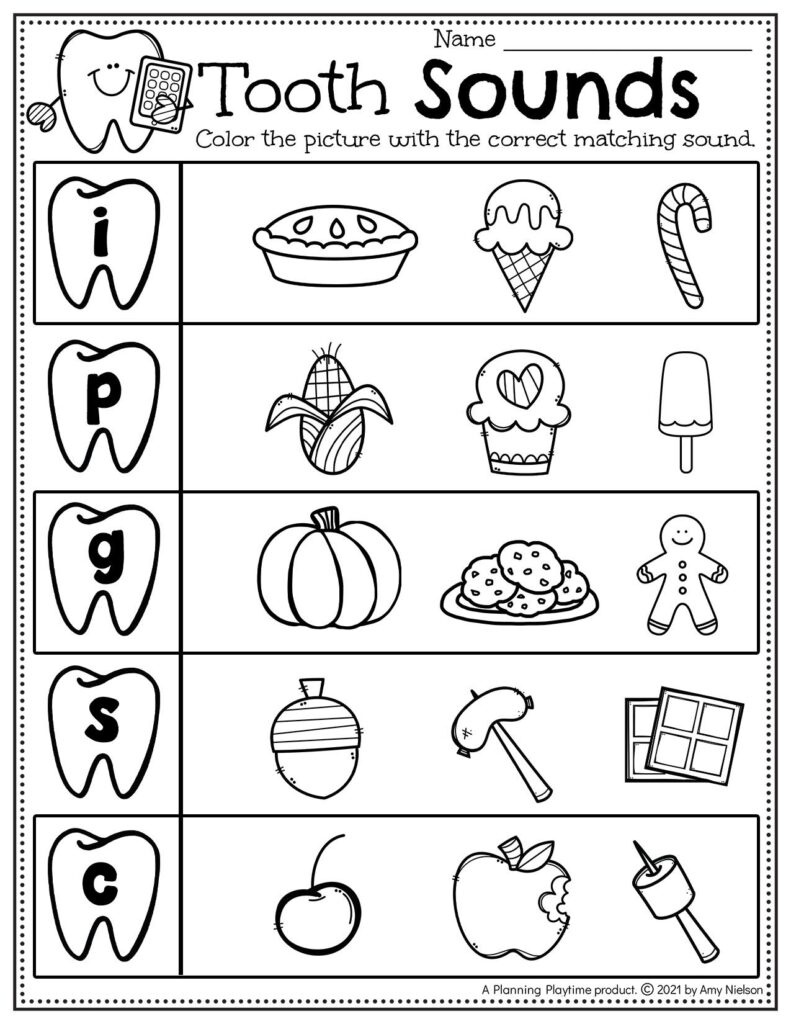 Black-and-white tooth sounds worksheet with five picture rows
