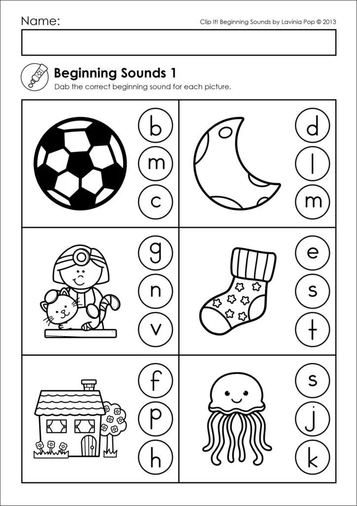 Beginning sounds worksheet with six pictures and letters