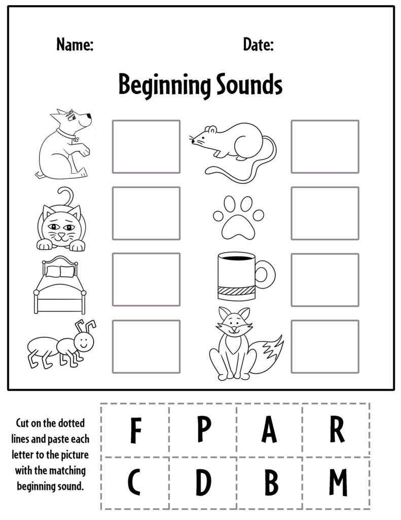 Beginning sounds worksheet with animal and object pictures