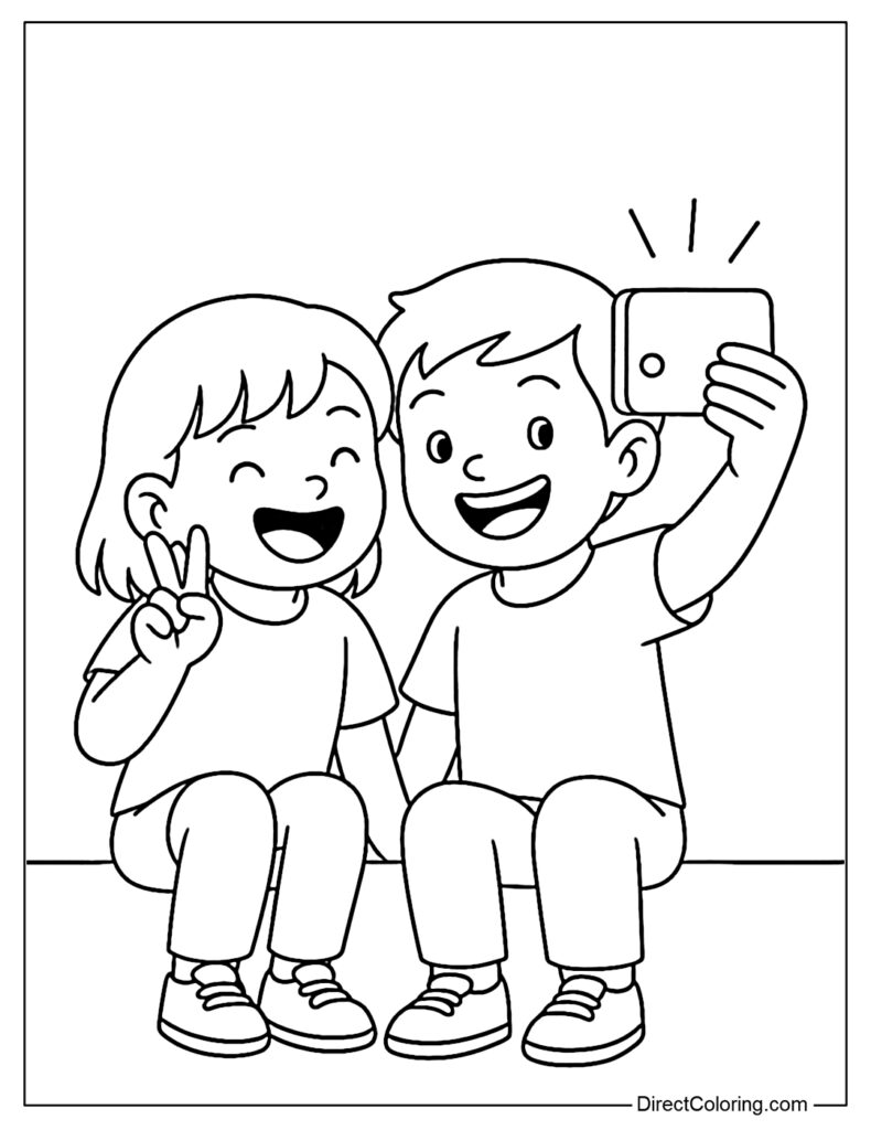 Cartoon boy and girl taking a selfie, smiling
