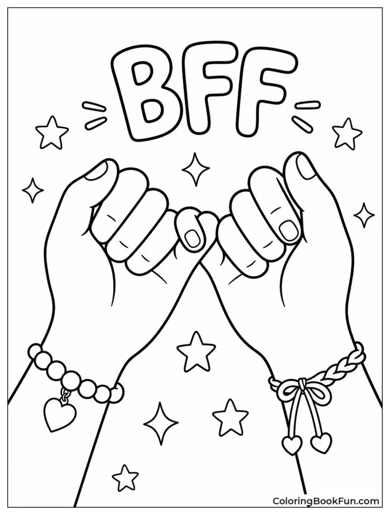Two hands making pinky promise under BFF text and stars