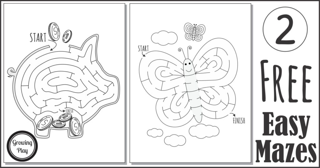 Black-and-white printable maze worksheets with apple and butterfly designs