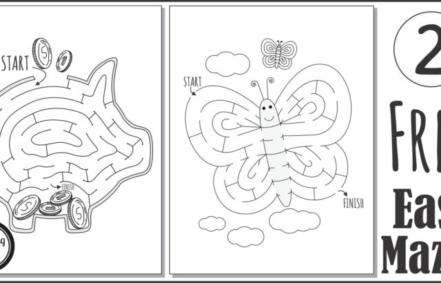 Black-and-white printable maze worksheets with apple and butterfly designs