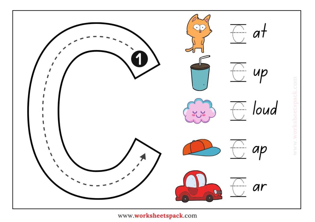 Letter C tracing worksheet with pictures and words