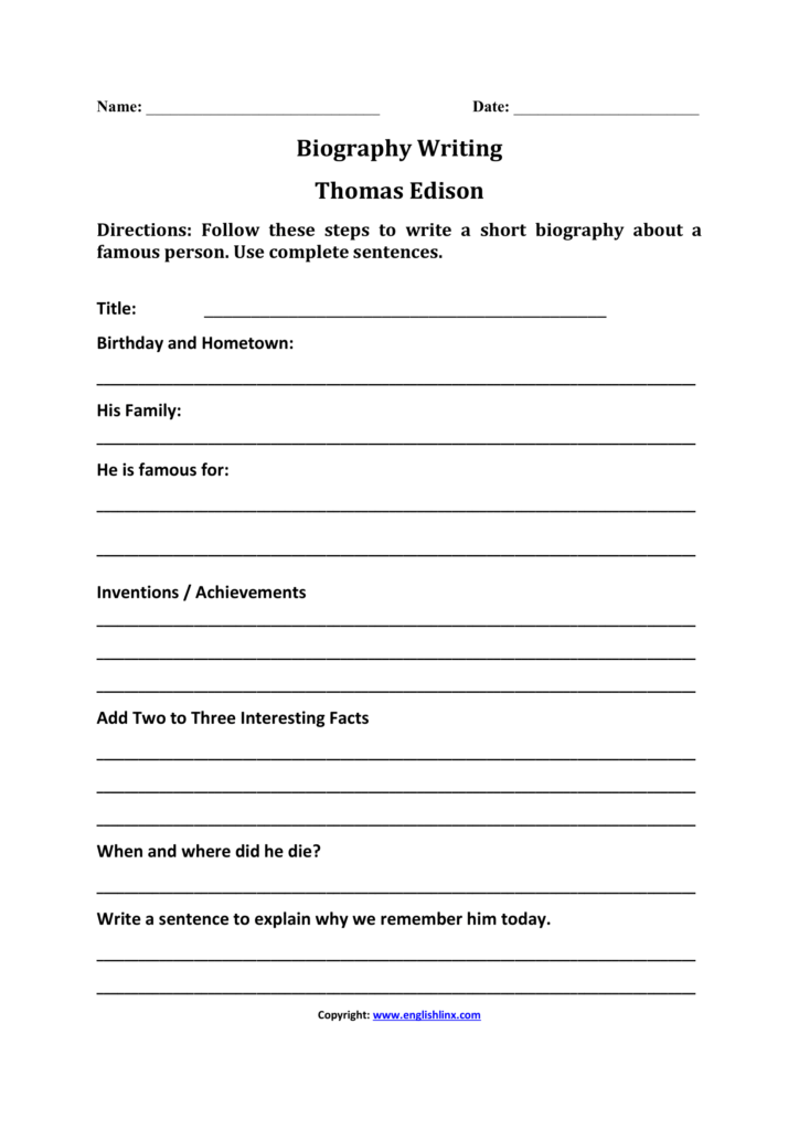 Biography writing worksheet about Thomas Edison