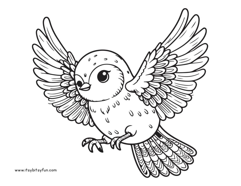 Black-and-white cartoon bird with wings spread wide