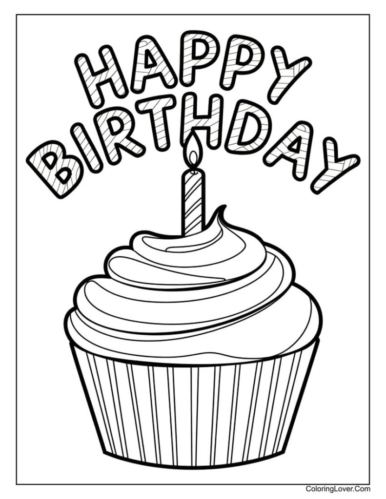Birthday cupcake coloring page with candle and text