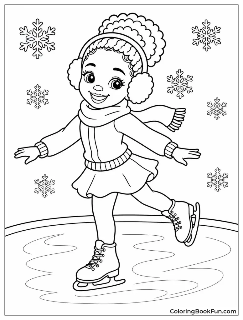 Cartoon girl ice skating with snowflakes and winter clothes