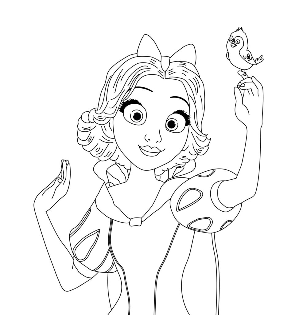 Line drawing of smiling girl holding a bird on her finger