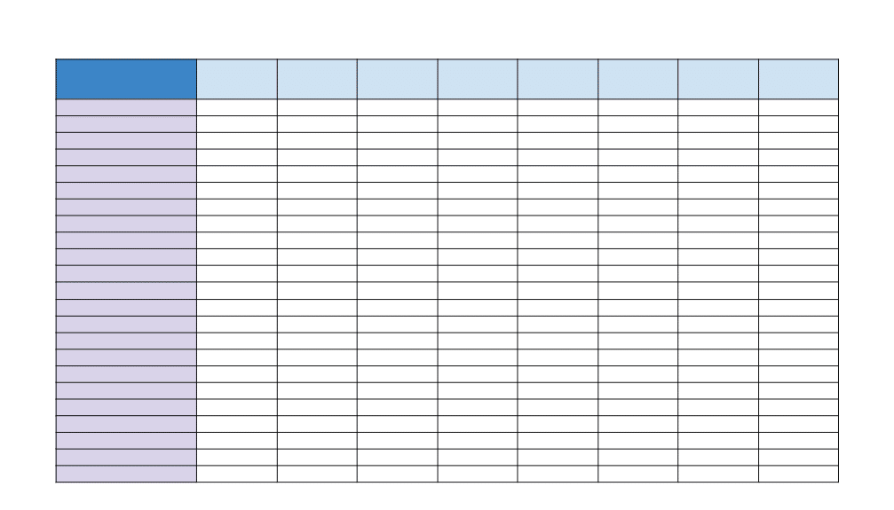 Empty spreadsheet grid with blue header row and purple first column