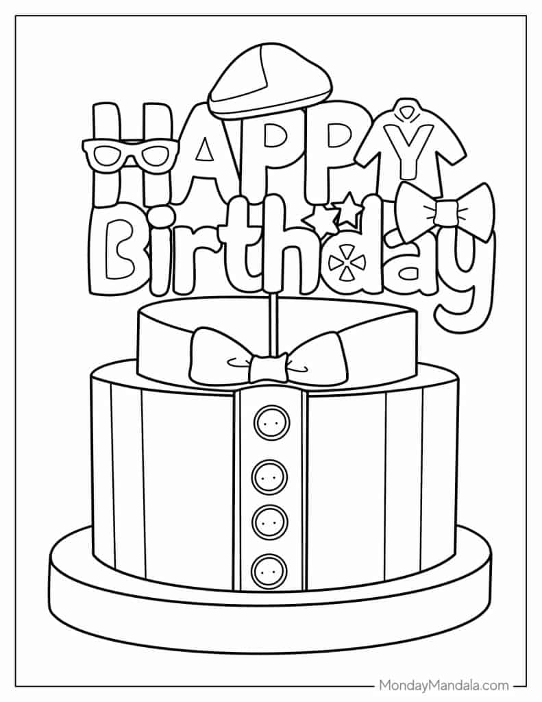 Birthday cake coloring page with Happy Birthday text