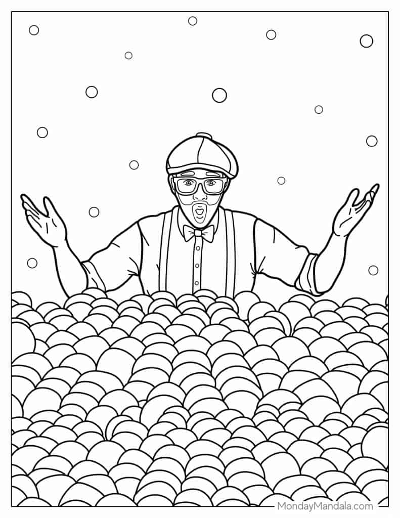Black-and-white cartoon man in ball pit, surprised