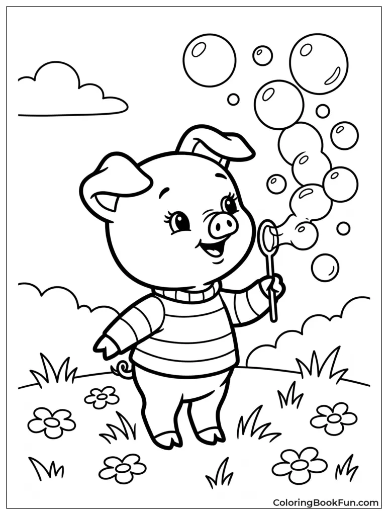 Cartoon pig blowing bubbles in a flowered field