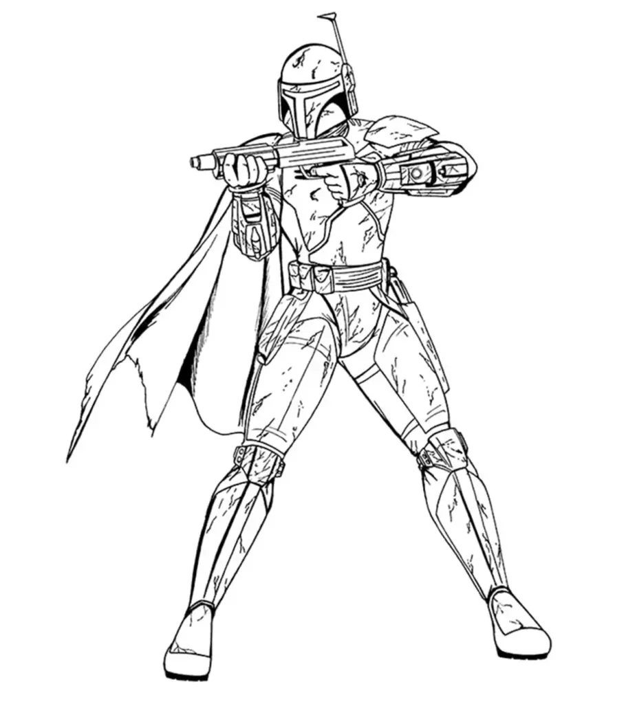 Black-and-white armored bounty hunter holding a blaster gun