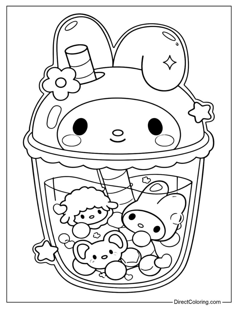 Cute cartoon bunny in a cup with characters