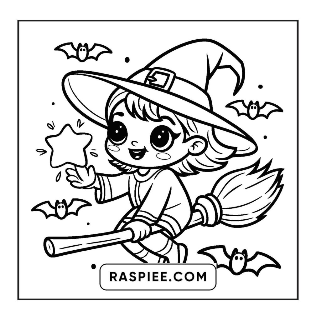 Cute witch child riding broom, bats, star