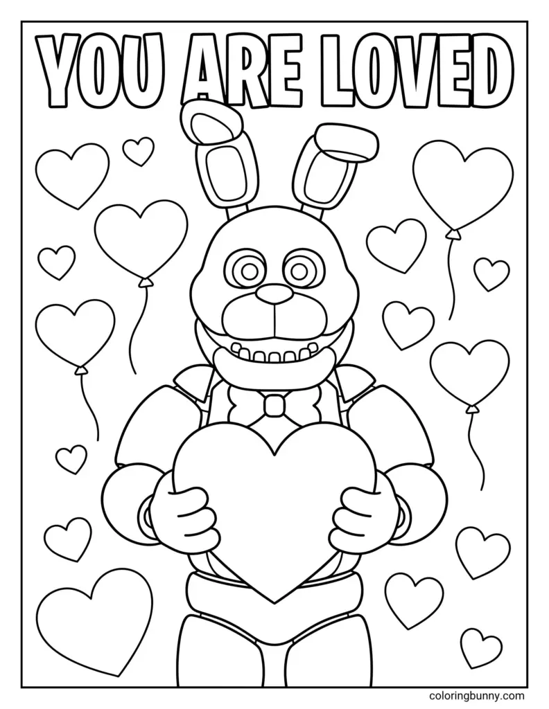 Coloring page of a bunny holding heart