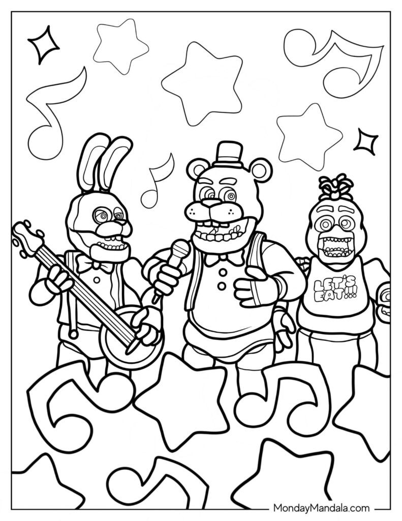 Black-and-white cartoon animatronics with stars and musical notes