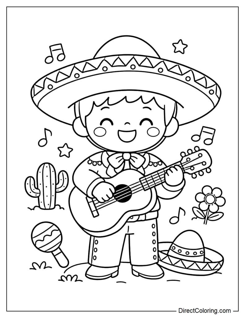 Cartoon child in sombrero playing guitar, with cacti and music notes