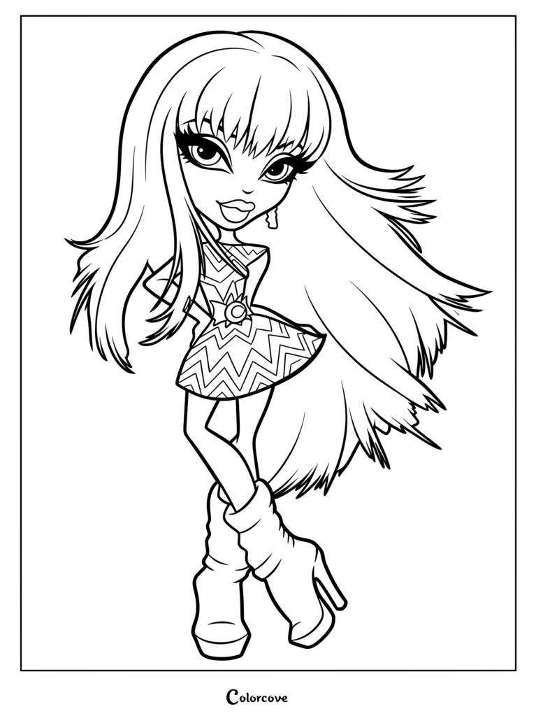 Black-and-white cartoon girl with long hair and boots
