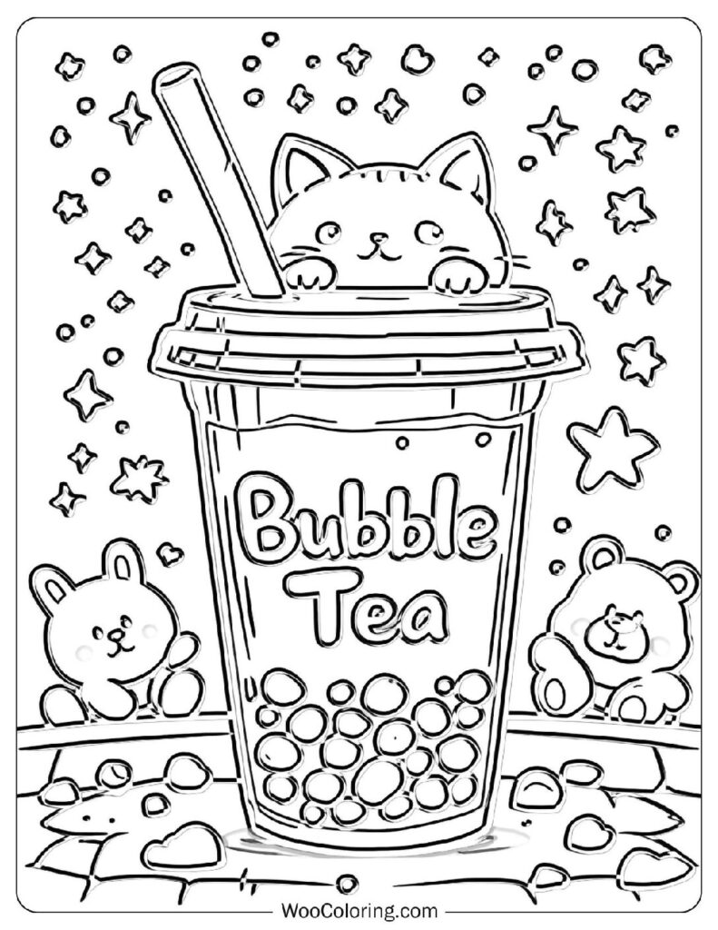 Cute bubble tea cup with cat and bears coloring page
