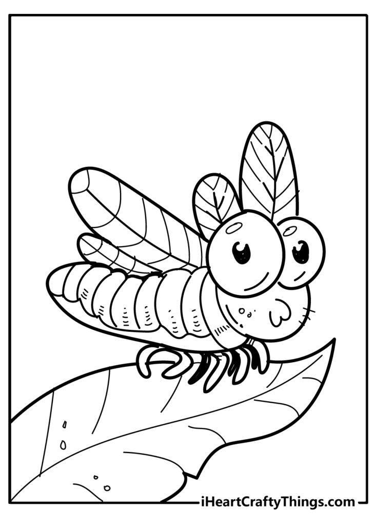 Cartoon dragonfly perched on a leaf coloring page