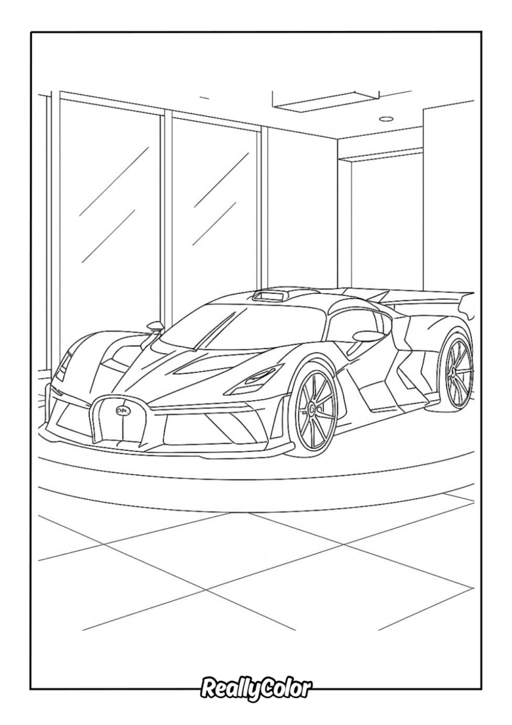 Line drawing of sports car in a showroom room