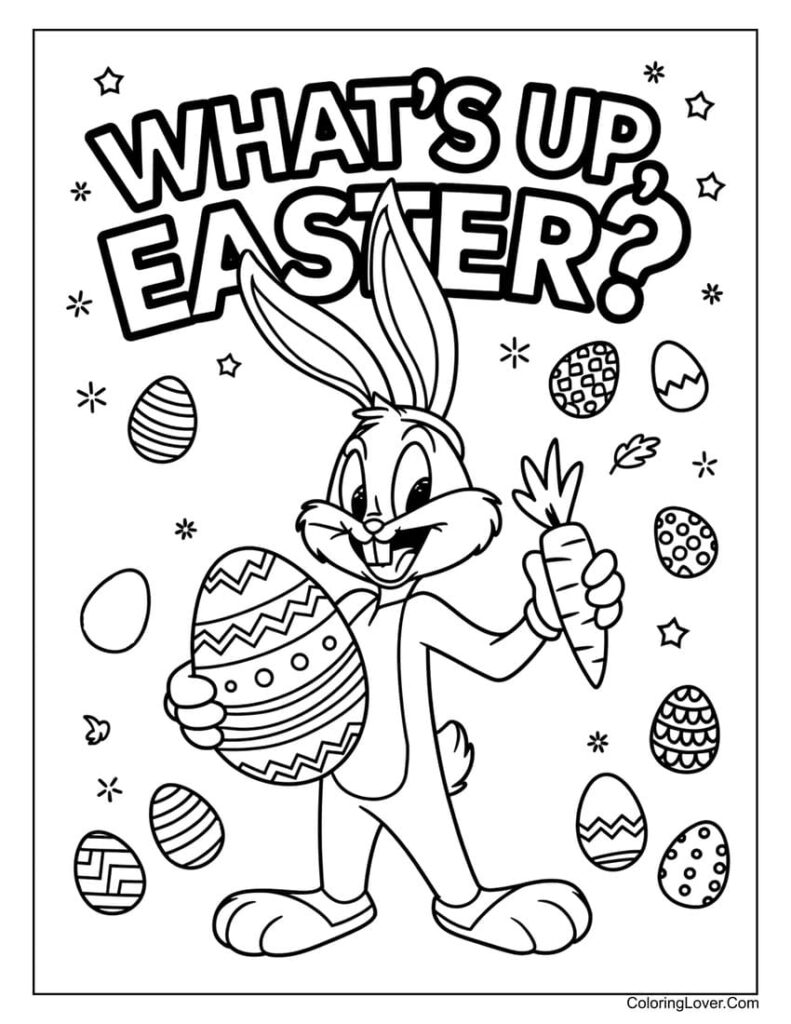 Bugs Bunny holding Easter eggs and carrot.