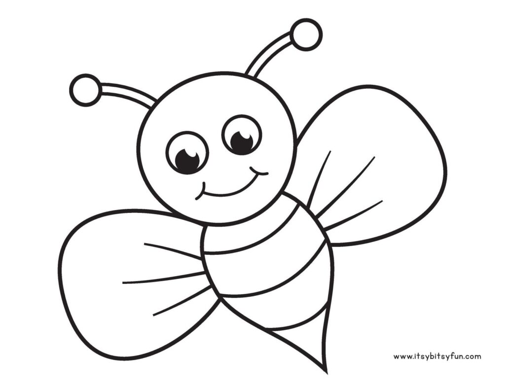 Cartoon smiling bee line drawing on white background