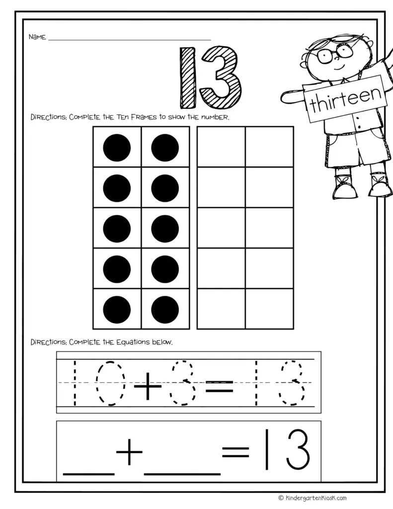 Printable number 13 worksheet with ten frames and equations