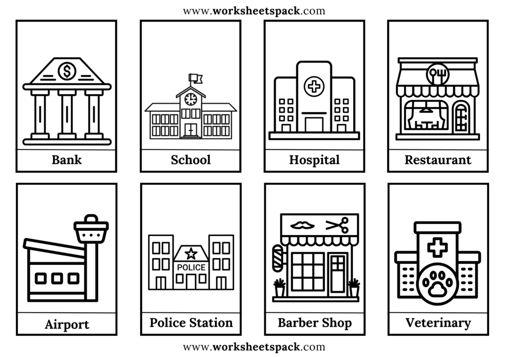 Grid of eight labeled building icons on white background
