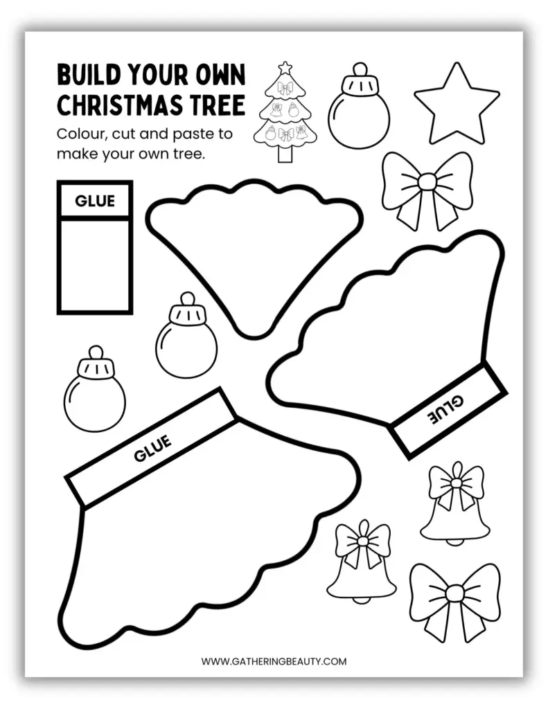 Black-and-white Christmas tree craft worksheet with cutout shapes and glue boxes
