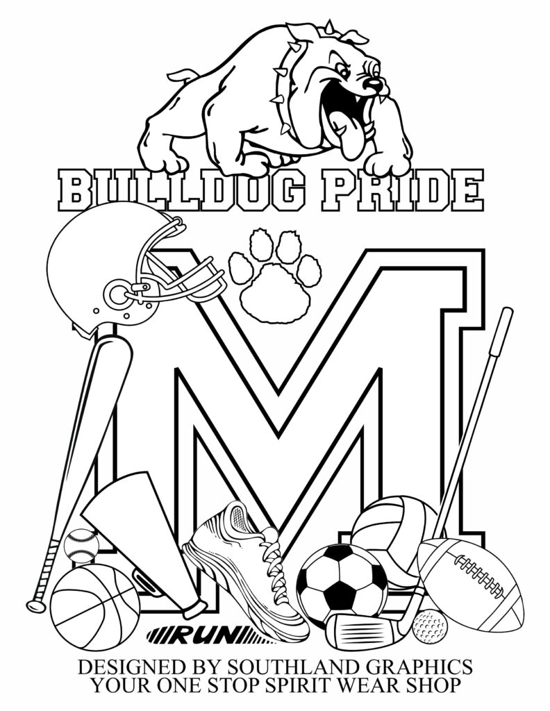 Bulldog Pride sports collage with large M and equipment