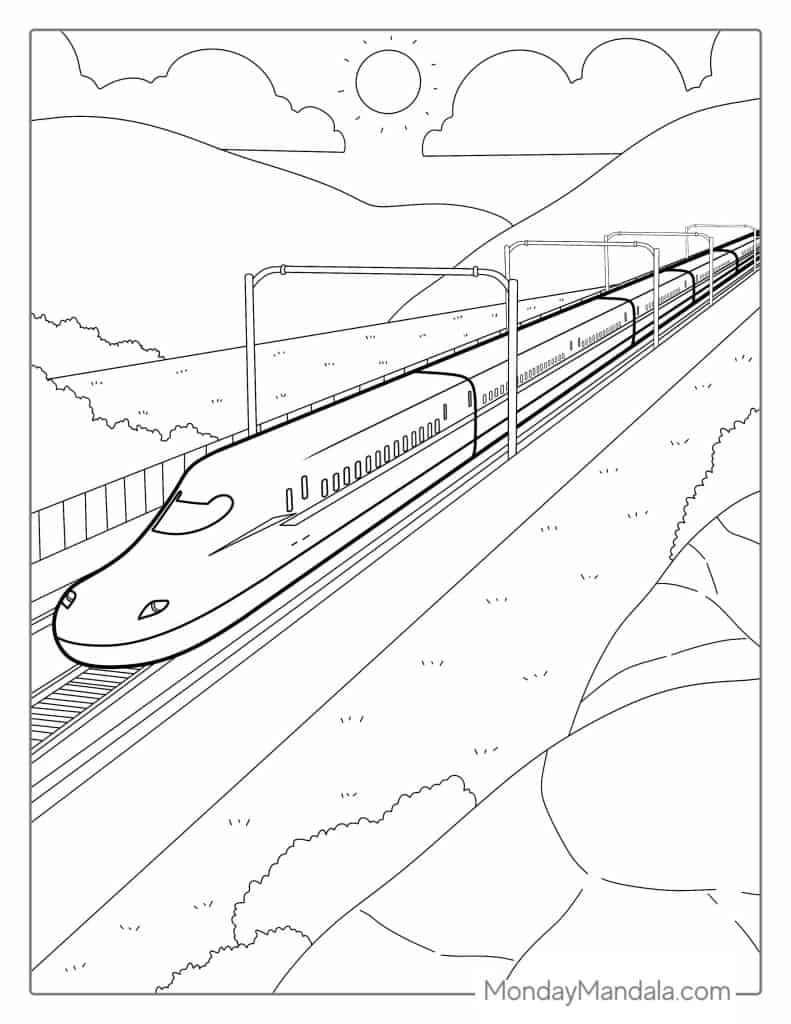 High-speed train on tracks in countryside landscape