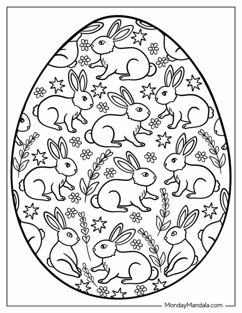 Black-and-white egg-shaped bunny coloring page with flowers
