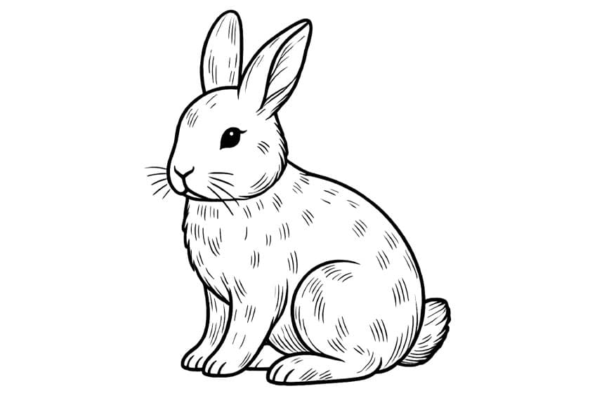 Black-and-white drawing of a sitting rabbit on white background