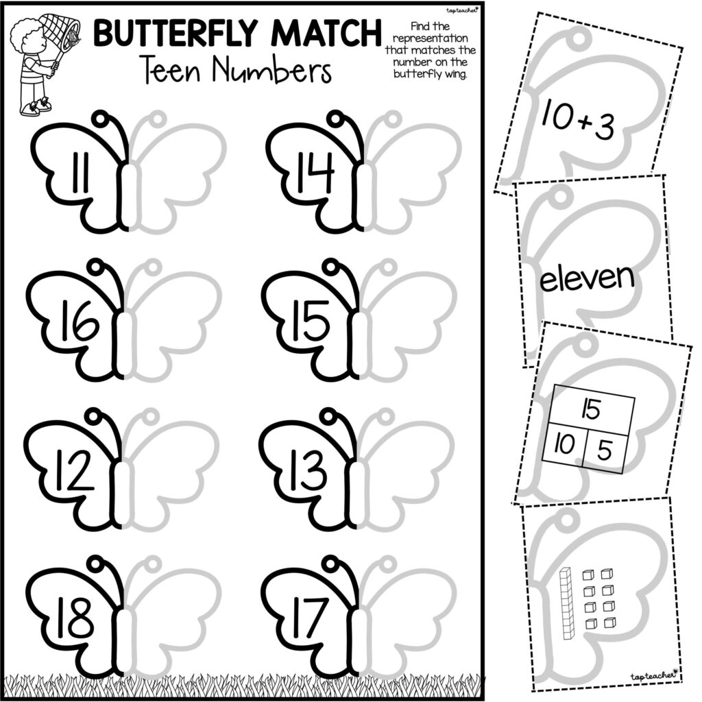 Butterfly number matching worksheet with teen numbers and cards