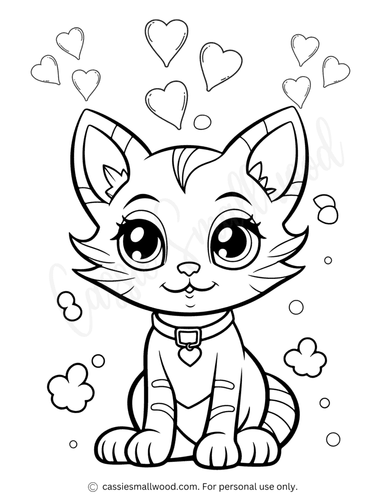 Cute cartoon kitten with hearts and flowers