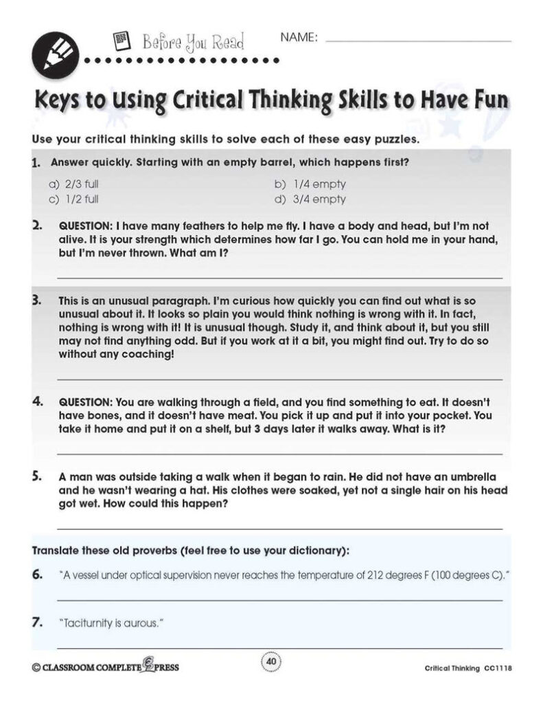 Critical thinking worksheet page with numbered questions