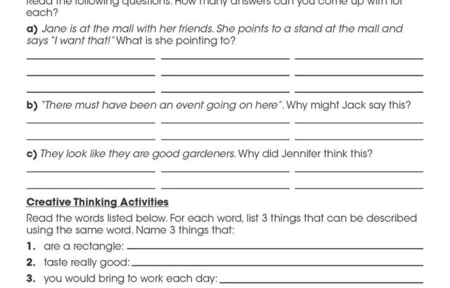 Critical thinking and creativity skills worksheet page