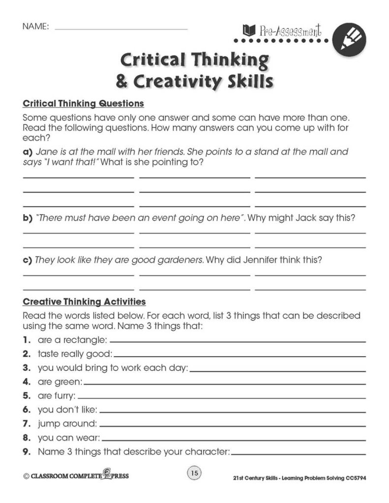 Critical thinking and creativity skills worksheet page