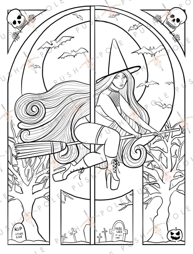 Witch flying on broom between graveyard panels, bats, skulls