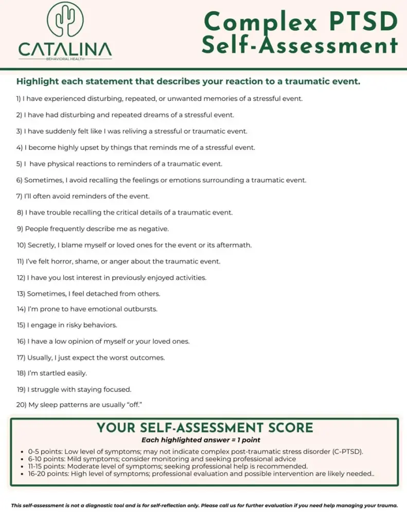 Complex PTSD self-assessment questionnaire with twenty statements and score guide