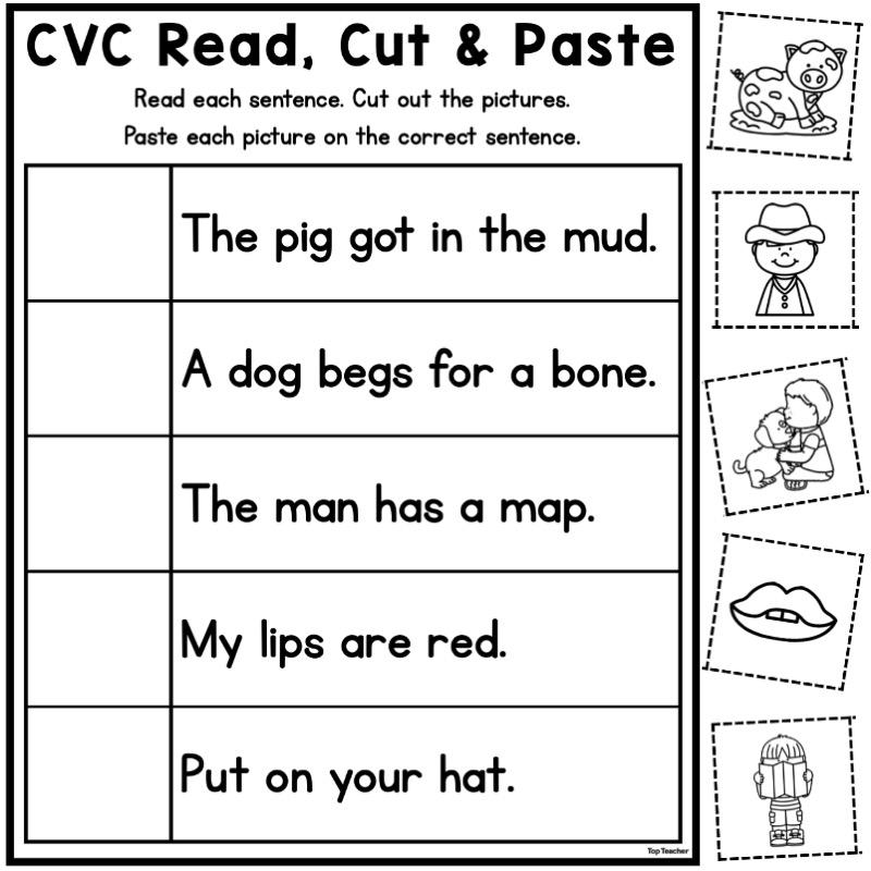 CVC cut-and-paste worksheet with sentences and pictures