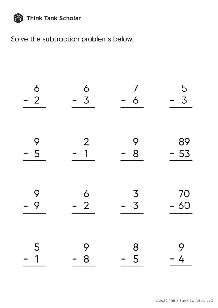 Subtraction worksheet with single-digit problems in grid layout