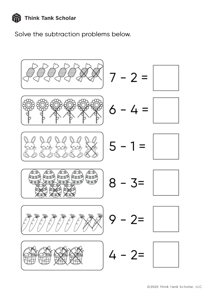 Subtraction worksheet with picture groups and answer boxes